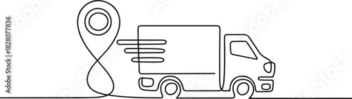 Continuous one line drawing of Delivery truck with location. Single line drawing illustration of Delivery truck route. one line Icon drawing