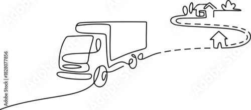 Continuous one line drawing of Delivery truck with location. Single line drawing illustration of Delivery truck route. one line Icon drawing