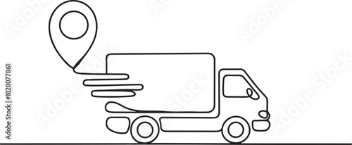 Continuous one line drawing of Delivery truck with location. Single line drawing illustration of Delivery truck route. one line Icon drawing