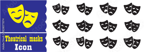 Set of Theatrical masks icon, Theatrical masks Black vector collection
