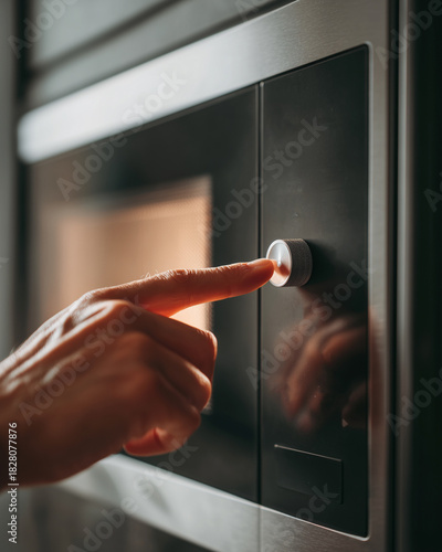A person is pointing at a microwave oven control