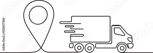 Continuous one line drawing of Delivery truck with location. Single line drawing illustration of Delivery truck route. one line Icon drawing