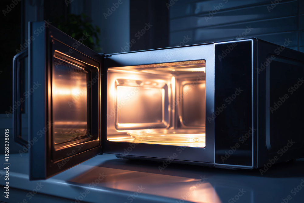 Fototapeta premium A microwave oven is open and the inside is lit up