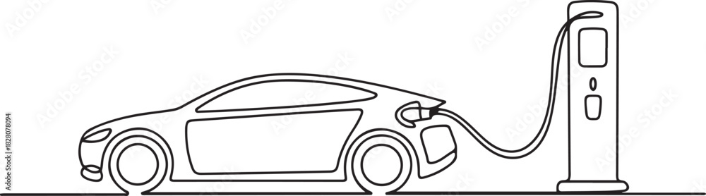 Obraz premium Continuous one line drawing of Electric car at charging stations. Single line drawing illustration of Electric car. one line Icon drawing