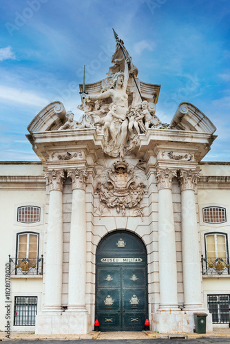 Obraz na plátně The Military Museum’s facade with the sculpture in the main entrance featuring an allegorical group representing The Fatherland, by Teixeira Lopes, flanked by Corinthian columns, Lisbon, 2023