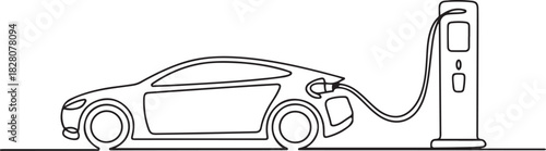 Continuous one line drawing of Electric car at charging stations. Single line drawing illustration of Electric car. one line Icon drawing