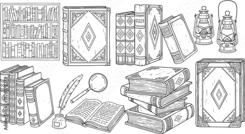 Collection of vintage book illustrations, library shelf, open pages, feather quill pen, magnifying glass, and kerosene lamps, hand drawn black line art set.