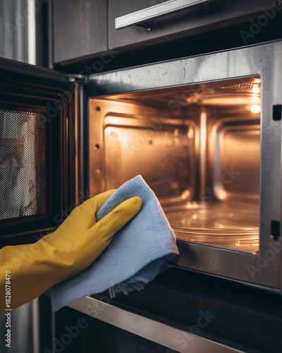 A person is cleaning a microwave with a blue cloth