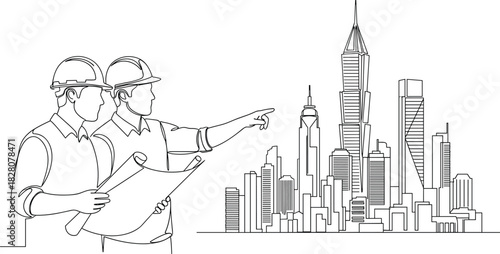 Continuous One Line Drawing of Two Engineers or Architects in Hard Hats Planning a Project, Pointing at a Modern City Skyline, Construction and Real Estate Concept Vector