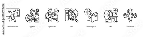 Advanced Medical Assessment web banner icon vector illustration featuring Cardio Exercises, Syphilis, Thyroid Test, CBC, Neurological, MRI, and Obstetrics for in-depth health insight.