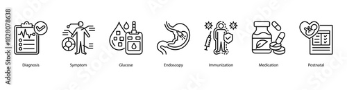 Medical Diagnosis Essentials web banner icon vector illustration featuring Diagnosis, Symptom, Glucose, Endoscopy, Immunization, Medication, and Postnatal for core healthcare procedures.