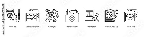 Diagnostic and Vital Tracking web banner with Urine Test, Electrocardiogram, Chlamydia, Medical History, Prescription, Medical Check Up, and Heart Rate to support active health monitoring.