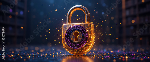 3D golden glowing sparkling standing lock with dark gradient key hole core surrounded by rotating binary numbers neon purple, red, and blue rings, intricate details, golden flecks of light fall on the