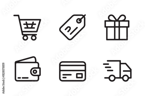 Set of six simple outline icons for e commerce and shopping