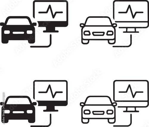 Vehicle diagnostics icon, car performance scan, vehicle health monitor, auto diagnostics tool, performance tracker app, automotive scan tracker, isolated black vector, minimal thin stroke