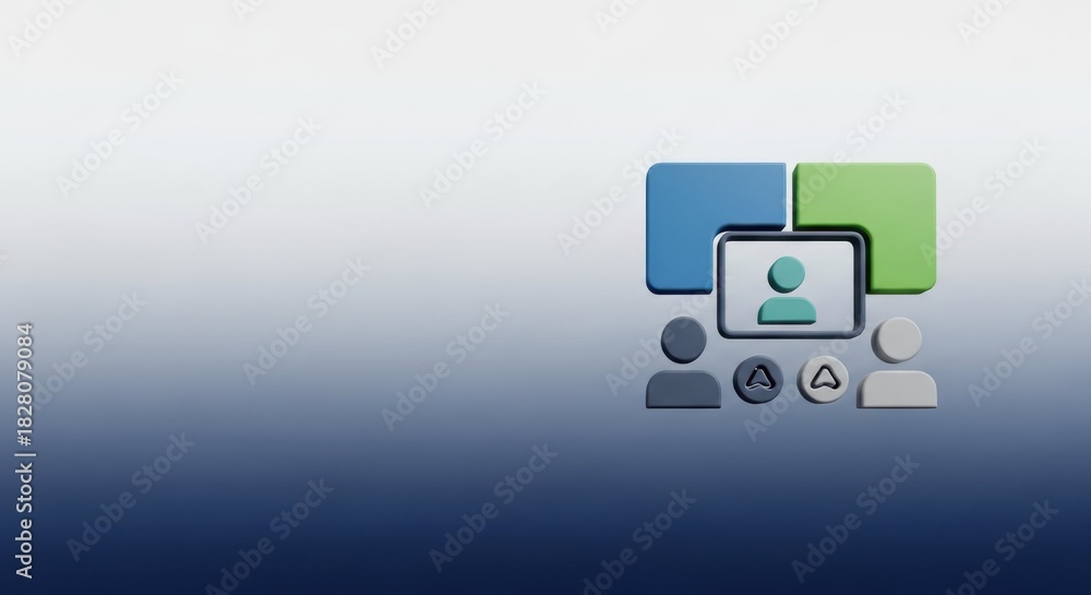 Fototapeta premium Digital communication interface with icons representing video calls and online meetings. Modern digital connection includes user profile, screen presentation, and participant symbols.