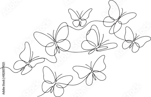 Continuous one line drawing of Flying butterfly. Single line drawing illustration of a lots of butterflies. one line Icon drawing