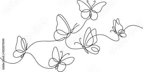 Continuous one line drawing of Flying butterfly. Single line drawing illustration of a lots of butterflies. one line Icon drawing