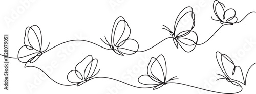 Continuous one line drawing of Flying butterfly. Single line drawing illustration of a lots of butterflies. one line Icon drawing