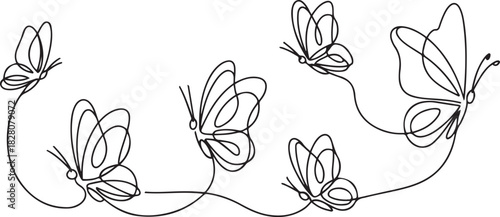 Continuous one line drawing of Flying butterfly. Single line drawing illustration of a lots of butterflies. one line Icon drawing