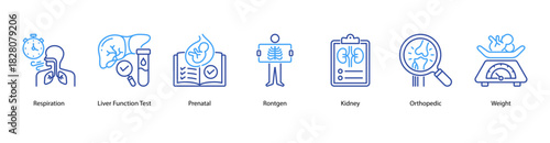 Clinical Health Monitoring web banner icon vector illustration featuring Respiration, Liver Function Test, Prenatal, Rontgen, Kidney, Orthopedic, and Weight for comprehensive body system checks.