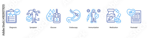 Medical Diagnosis Essentials web banner icon vector illustration featuring Diagnosis, Symptom, Glucose, Endoscopy, Immunization, Medication, and Postnatal for core healthcare procedures.