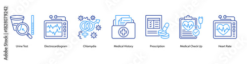 Diagnostic and Vital Tracking web banner with Urine Test, Electrocardiogram, Chlamydia, Medical History, Prescription, Medical Check Up, and Heart Rate to support active health monitoring.