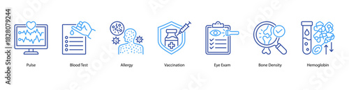 Laboratory Health Indicators web banner icon vector illustration featuring Pulse, Blood Test, Allergy, Vaccination, Eye Exam, Bone Density, and Hemoglobin for essential medical metrics.