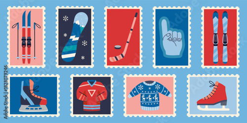 Postage stamps with winter sports equipment. Skiing, snowboarding and skating, cold season gear concept. Trendy modern vector illustration, hand drawn, flat design