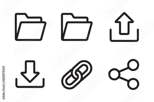 Set of six simple outline icons for file management and sharing