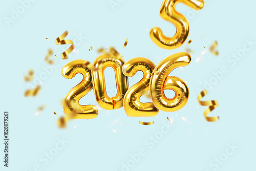 Golden 2026 foil balloons floating amidst falling confetti on a light blue background. Festive, dynamic, and fun concept for New Year's Eve, party invitations, celebration. 2026 replaced 2025 creative