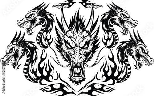 Fierce tribal dragon heads vector illustration in black and white tattoo style, featuring symmetrical composition with aggressive mythological creatures.