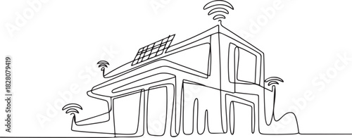 Continuous one line drawing of Building architecture. Single line drawing illustration of Smart building architecture. one line Icon drawing