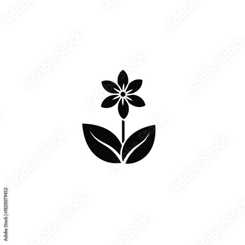 Black silhouette of a six petal flower with leaves