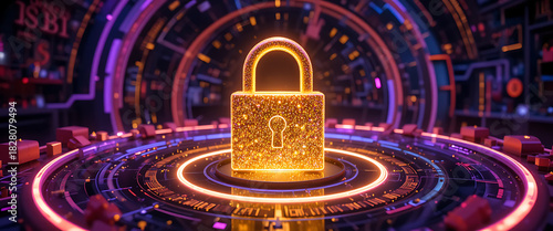 Wallpaper Mural 3D golden glowing sparkling standing lock with dark gradient key hole core surrounded by rotating binary numbers neon purple, red, and blue rings, intricate details, golden flecks of light fall on the Torontodigital.ca