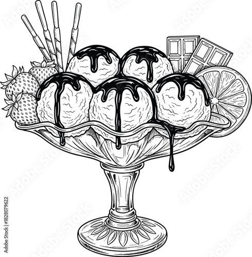 Hand Drawn Ice Cream Sundae in Vintage Glass Bowl, Detailed Black and White Dessert Sketch, Chocolate Sauce Drizzle, Strawberries, Waffles, and Orange Slice Topping Illustration.