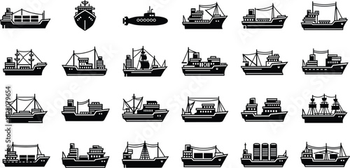 Set of black ship icons, vector maritime illustration, cargo transport vessels, boat silhouettes, ocean logistics, shipping and delivery symbols.