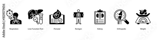 Clinical Health Monitoring web banner icon vector illustration featuring Respiration, Liver Function Test, Prenatal, Rontgen, Kidney, Orthopedic, and Weight for comprehensive body system checks.