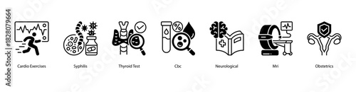 Advanced Medical Assessment web banner icon vector illustration featuring Cardio Exercises, Syphilis, Thyroid Test, CBC, Neurological, MRI, and Obstetrics for in-depth health insight.