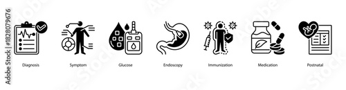 Medical Diagnosis Essentials web banner icon vector illustration featuring Diagnosis, Symptom, Glucose, Endoscopy, Immunization, Medication, and Postnatal for core healthcare procedures.