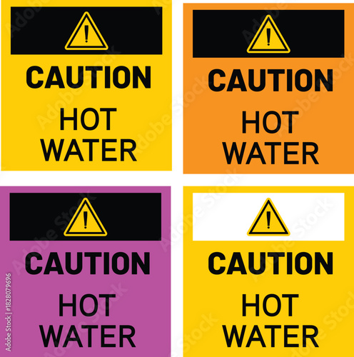 Hot water caution warning signs set with multiple vibrant colors