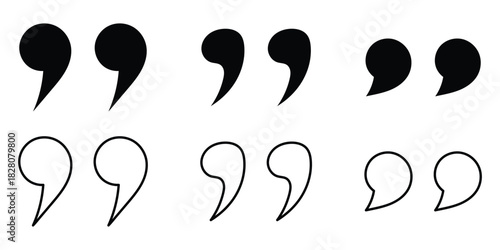 Different shapes inverted flat commas icon set on white page. Quote mark sets on white background. Black dark isolated quote icons set on white background. Inverted commas icon set. EPS 10. 