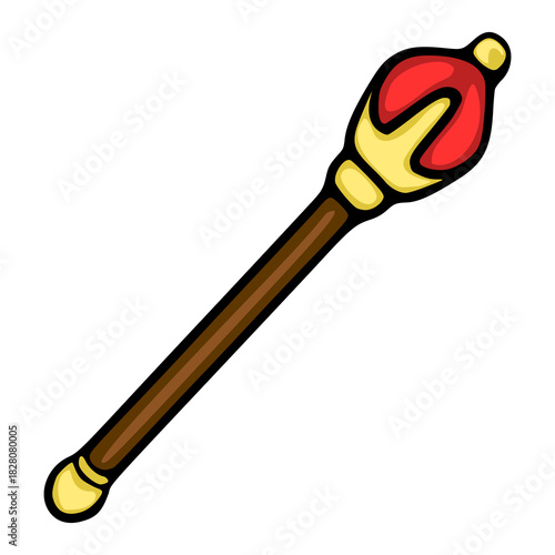 Stylized vector illustration of a royal scepter with red and gold embellishments on a white background