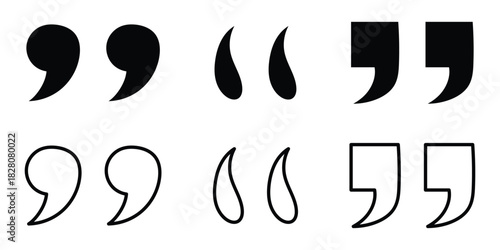 Inverted commas icon set. Different shapes inverted flat commas icon set on white page. Quote mark sets on white background. Black dark isolated quote icons set on white background. EPS 10. 