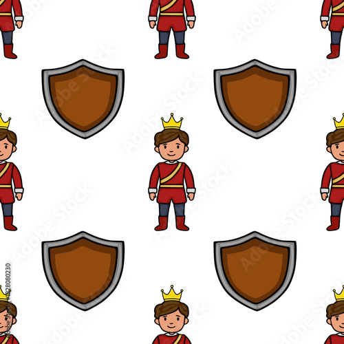 A charming vector pattern featuring a stylized prince in a regal red uniform with a golden crown, paired with a classic shield, set against a clean white background.