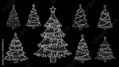 Collection of hand drawn christmas trees on a dark background
