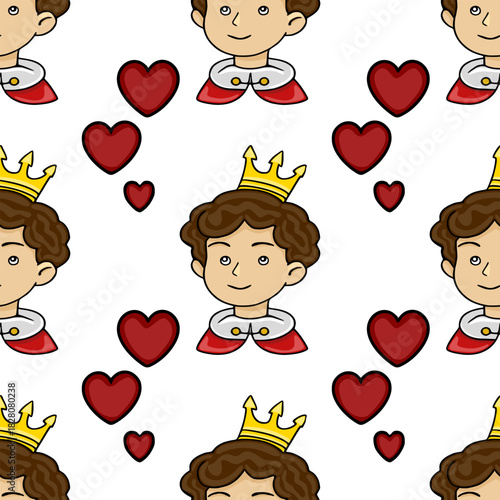 Charming vector pattern of a smiling prince in a royal cape surrounded by red hearts, perfect for romantic or fairy tale themes.