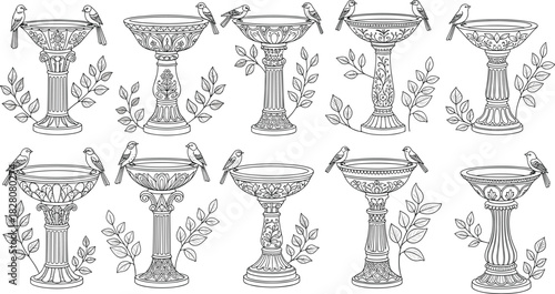 Set of decorative garden birdbaths with perching birds, black and white outline illustration for coloring books, nature design, and art.