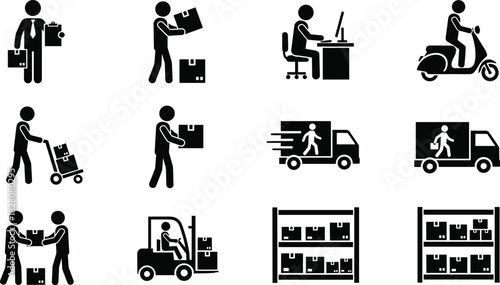 Set of delivery and logistics icons, warehouse worker silhouette, shipping truck, courier service, cargo transport symbols, forklift vector.