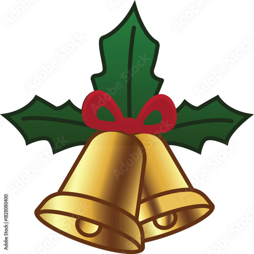 Golden Christmas Bells Decorated With Green Holly Leaves and a Red ribbon